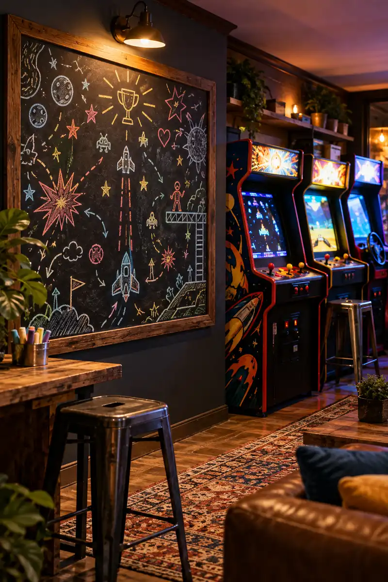 Chalkboard high score wall beside arcade cabinets in a home arcade room