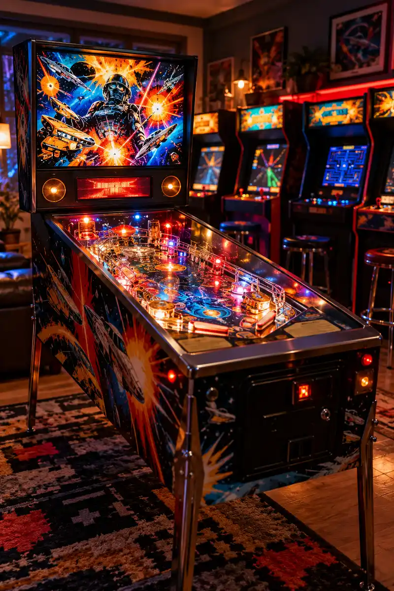 Pinball machine with flashing lights as the centerpiece of a home arcade room