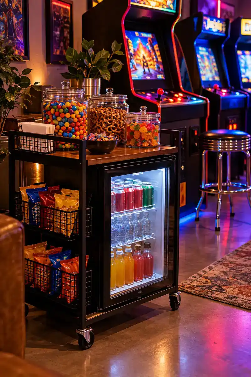 Snack and drink station with mini fridge in a home arcade room