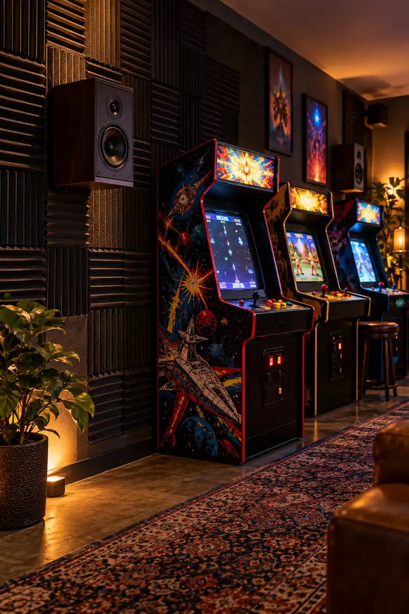 Acoustic panels and speakers keeping game sound inside a home arcade room