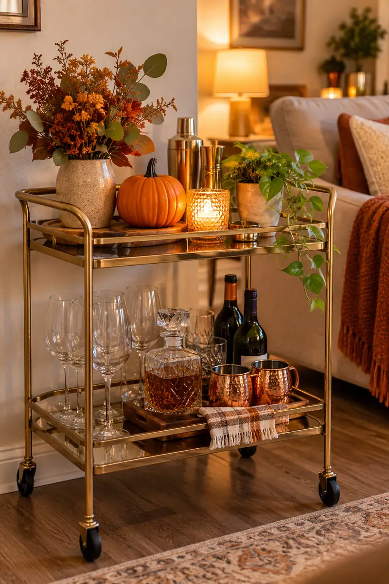 Bar cart styled with pumpkin candle and plant as mobile Thanksgiving decor