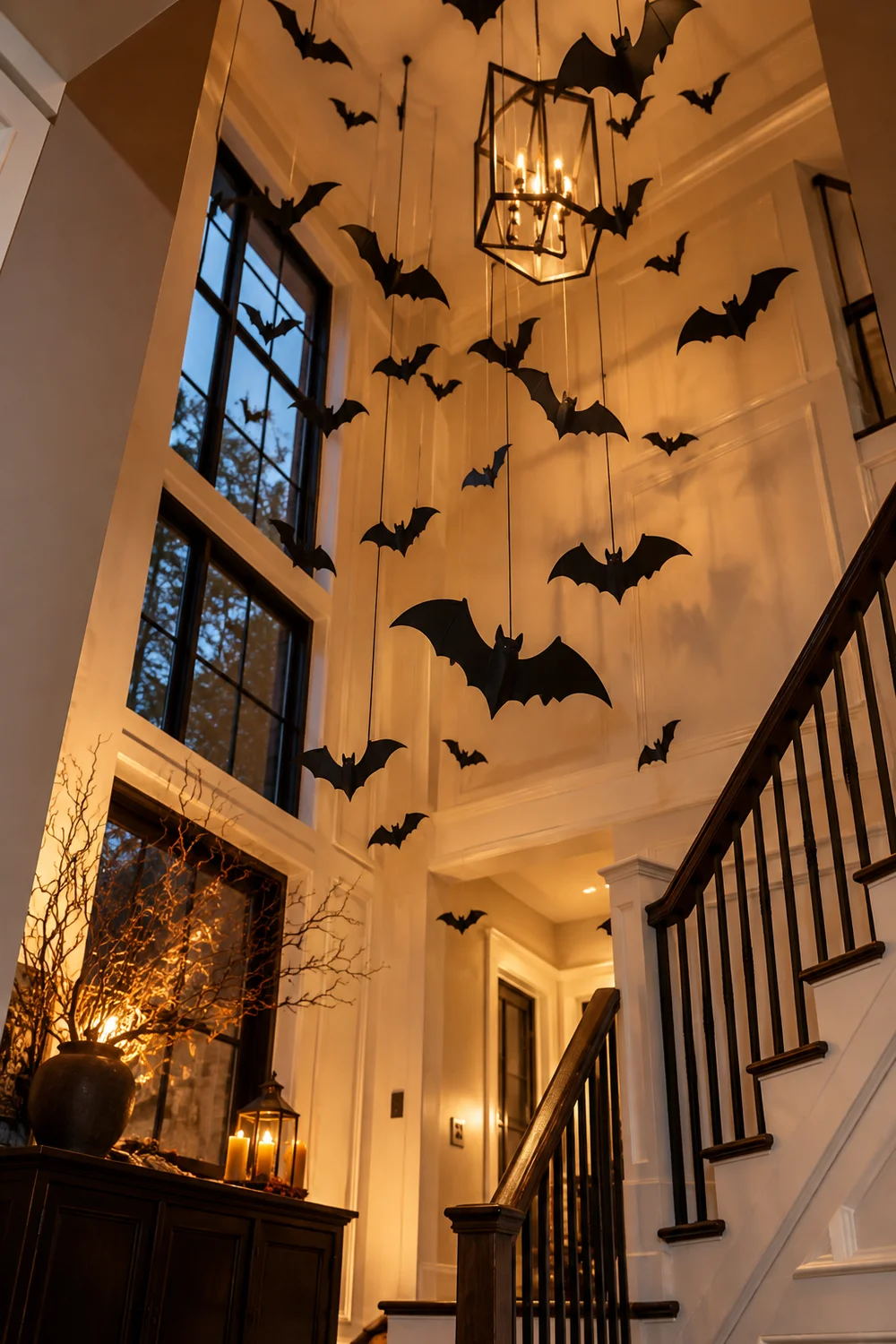 Paper bats hanging from a stairwell ceiling at different heights
