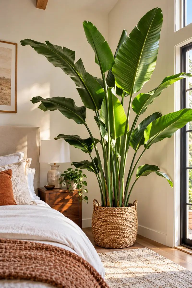 Bird of paradise plant with tall leaves against a bedroom wall
