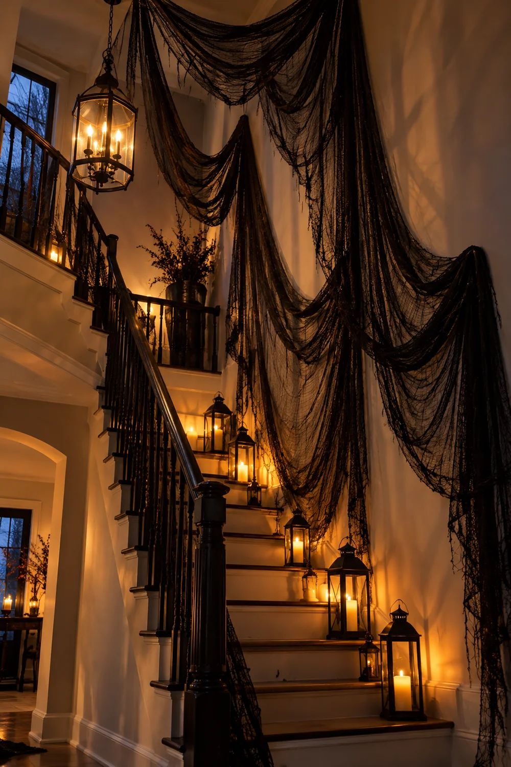 Black gauze fabric draped along a staircase wall for Halloween
