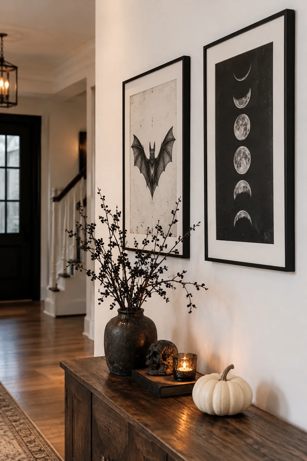 Black and white Halloween art prints in thin frames on a wall