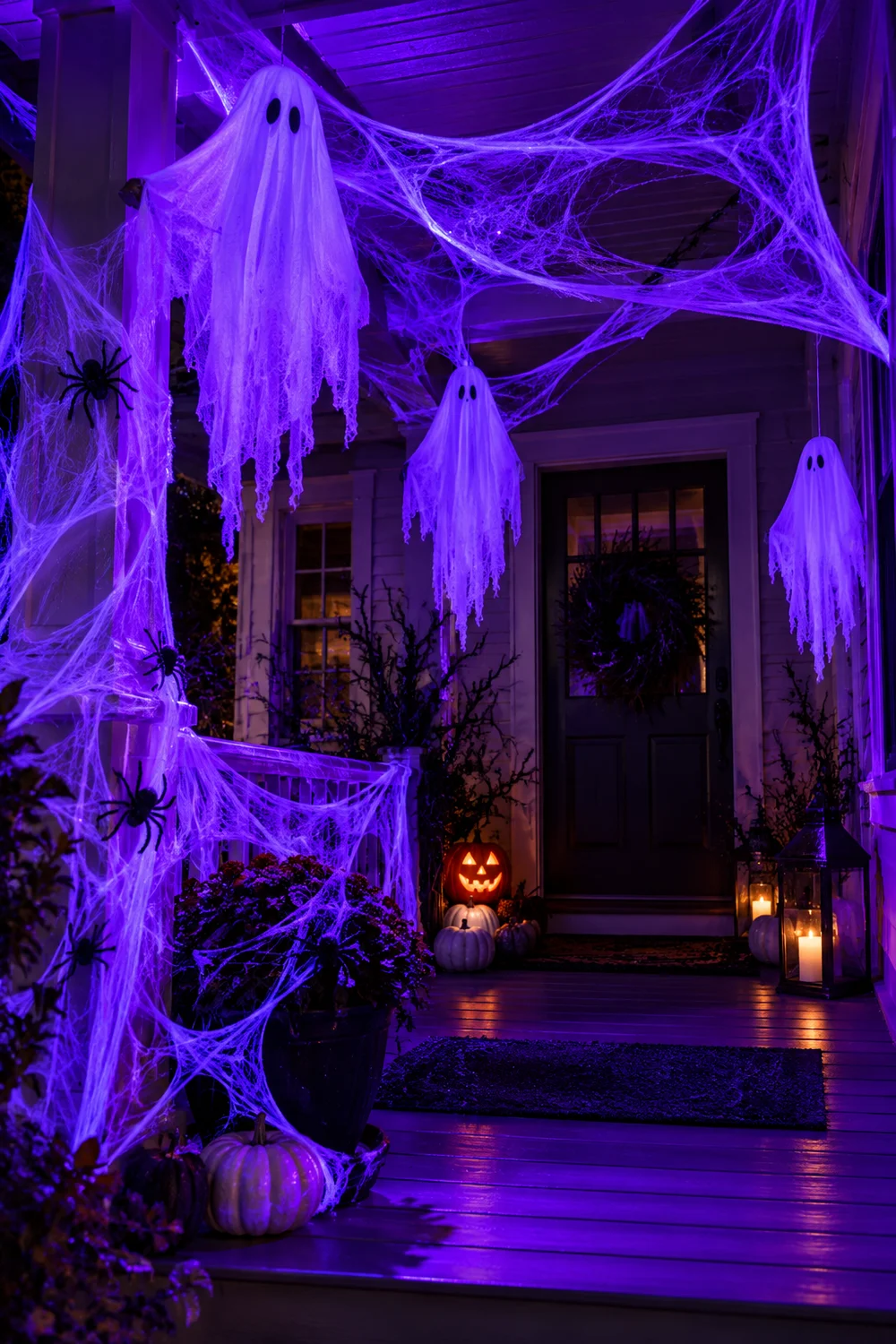 Porch glowing under black light with white decorations