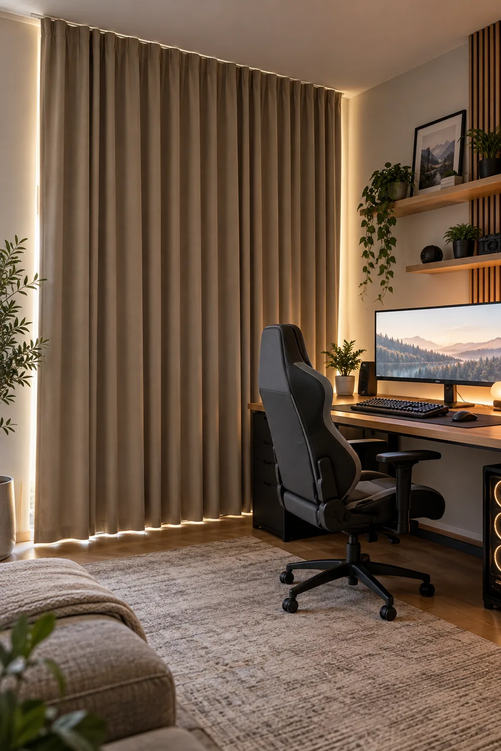 Warm taupe blackout curtains closed beside a gaming desk