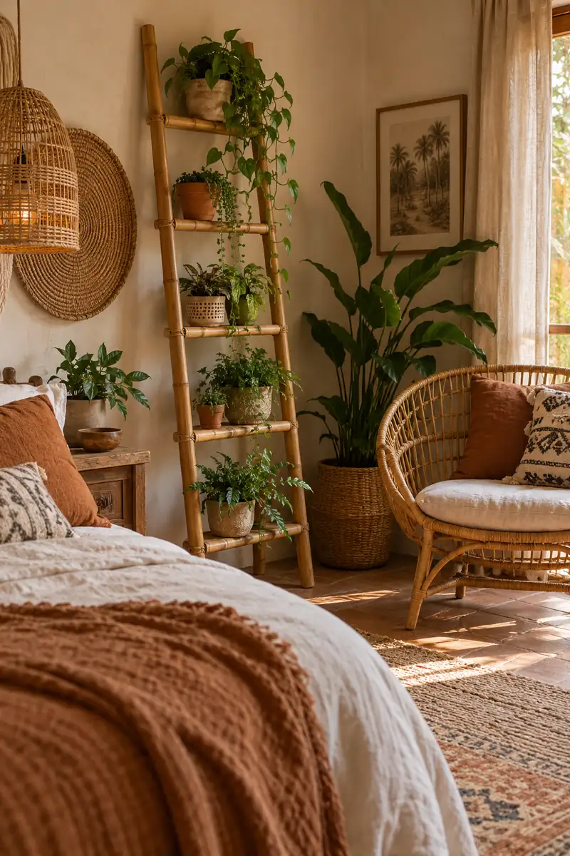 Boho Bedroom Bamboo Ladder Plant Shelf Bamboo ladder used as a plant shelf