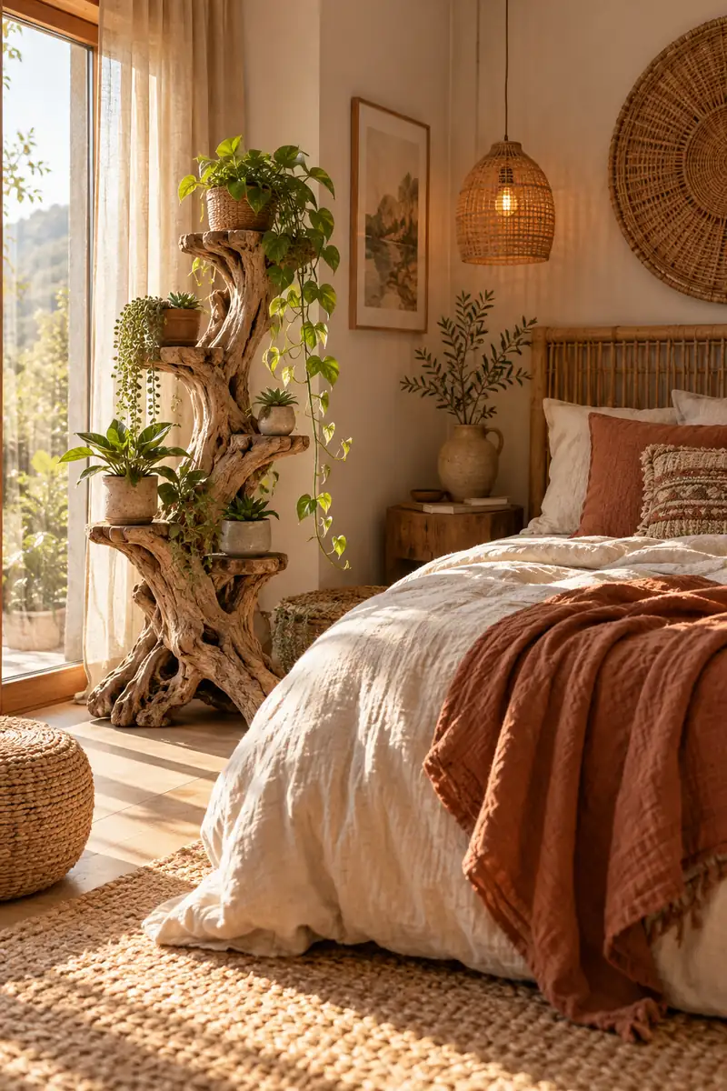 Boho Bedroom Driftwood Plant Stand Plant on a driftwood stand