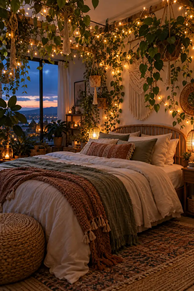 Boho Bedroom Fairy Lights in Plants Fairy lights woven through bedroom plants
