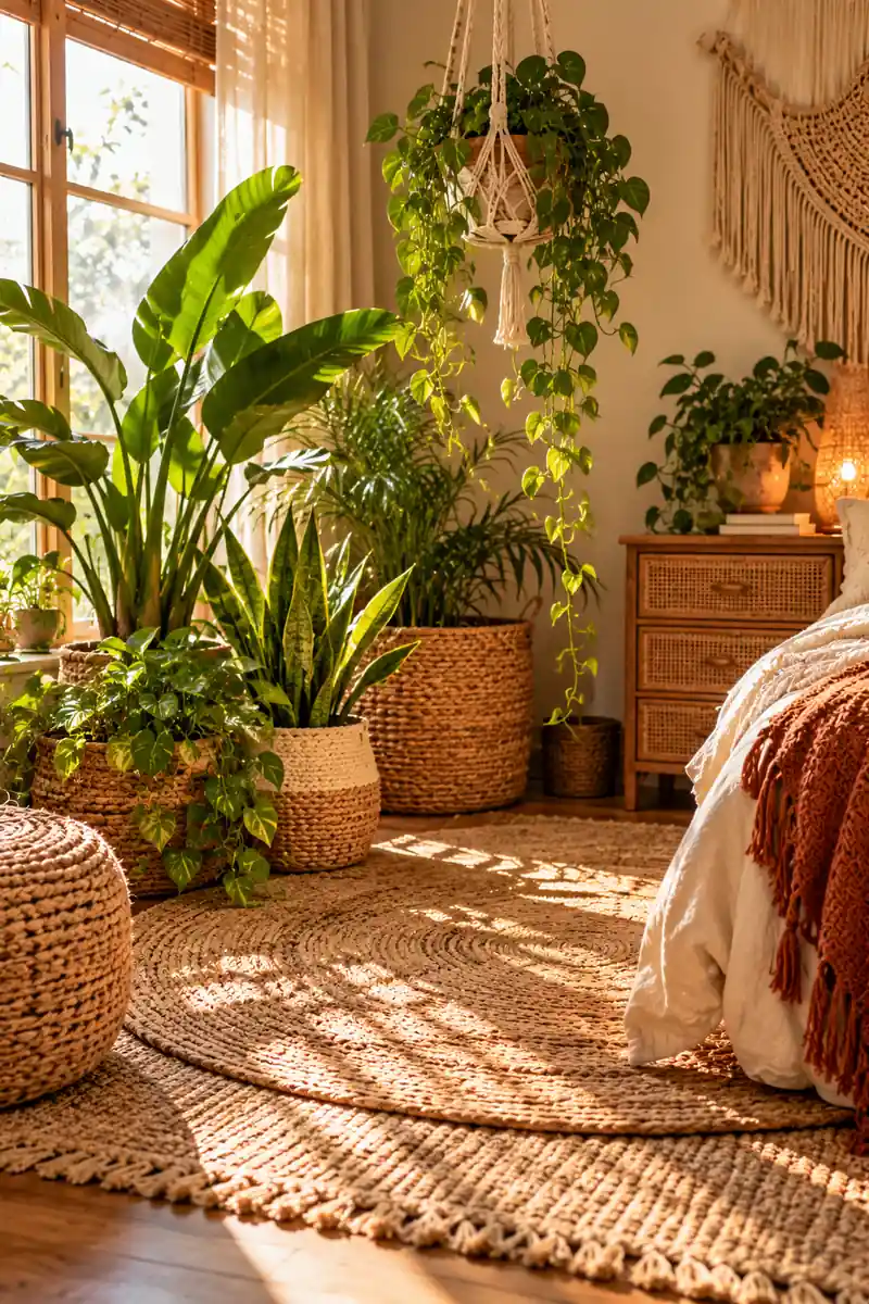 Boho Bedroom Plant Corner on Jute Rugs Plant corner on layered jute rugs