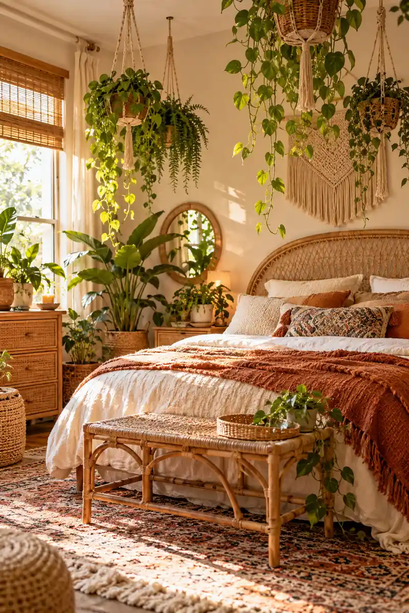 Boho Bedroom With Macrame Plant Hangers Plants in macrame hangers in a boho bedroom