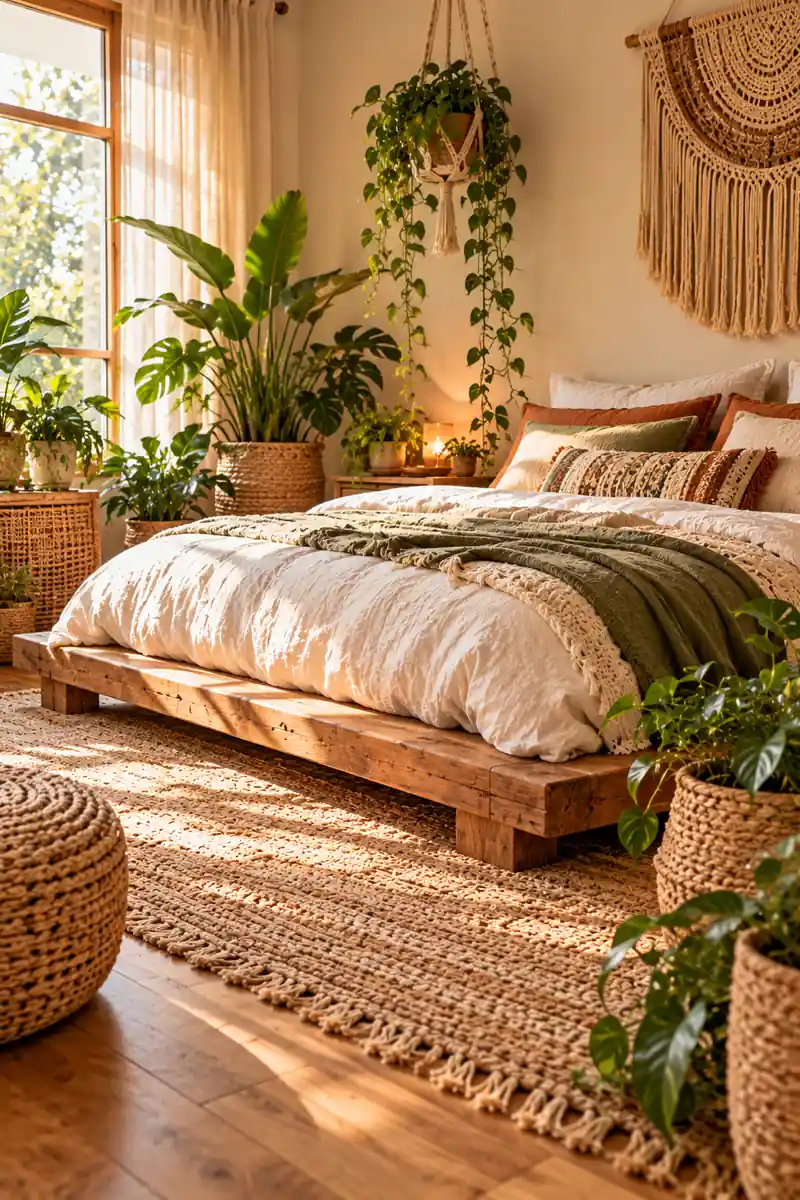 Boho Bedroom Low Platform Bed With Plants Low wooden platform bed with plants
