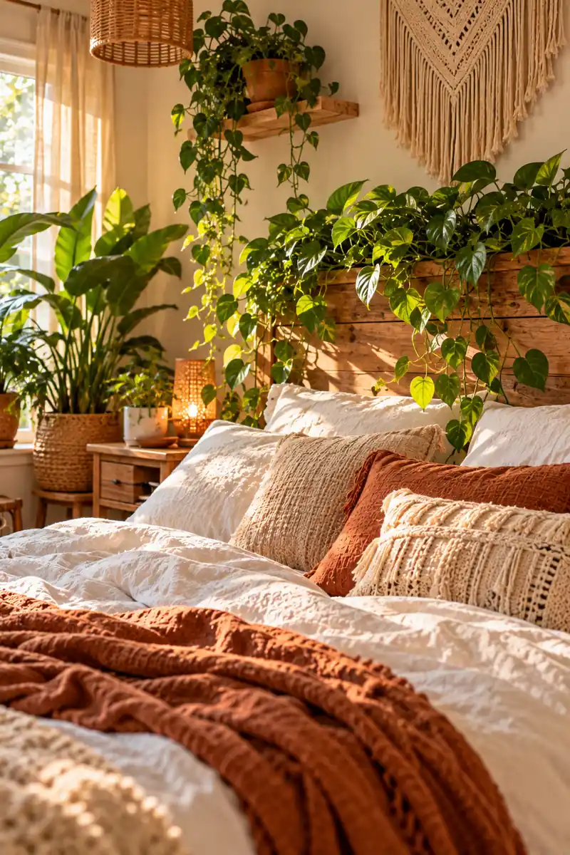 Boho Bedroom Pothos on Headboard Pothos trailing along a headboard