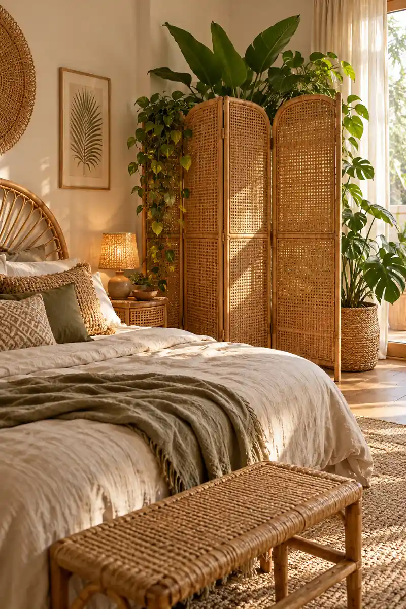 Boho Bedroom Wicker Divider With Plants Wicker room divider with plants