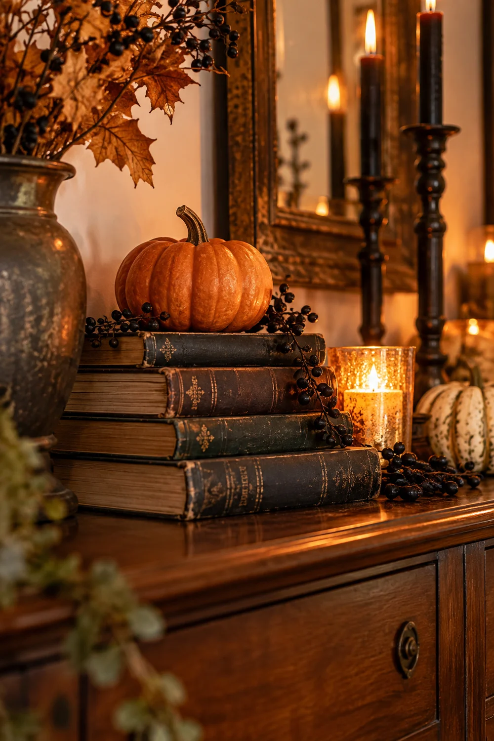 Old hardcover books used as risers for Halloween decor
