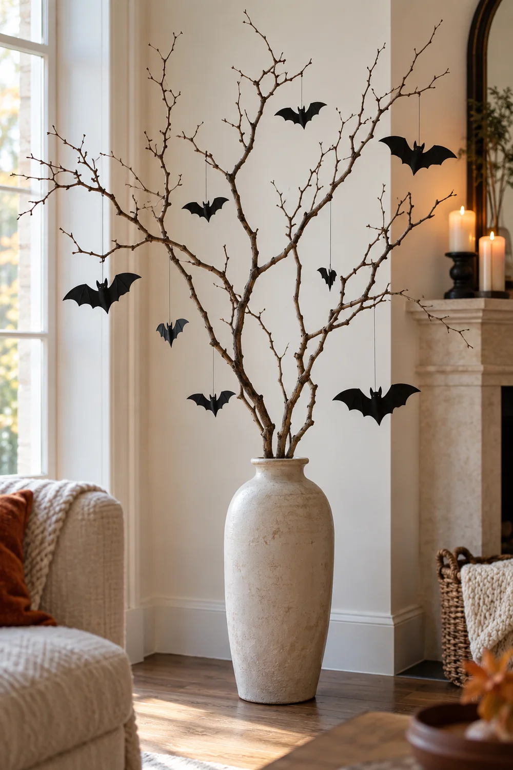 Bare branch in a vase with small black paper bats hanging