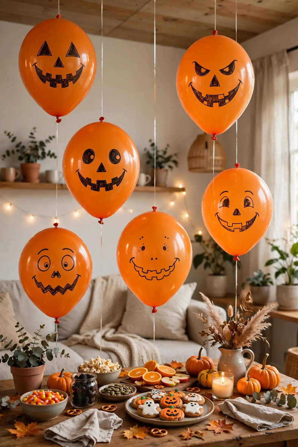 Orange balloons with jack o lantern faces hanging at different heights in a living room