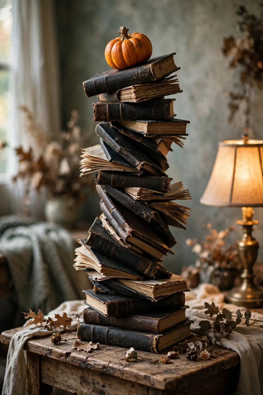 Twisted tower of old hardcover books topped with a mini pumpkin on a side table