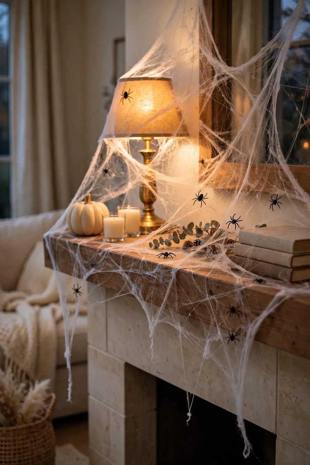 Mantel draped with thin stretched faux cobwebs and tiny plastic spiders in warm lamplight