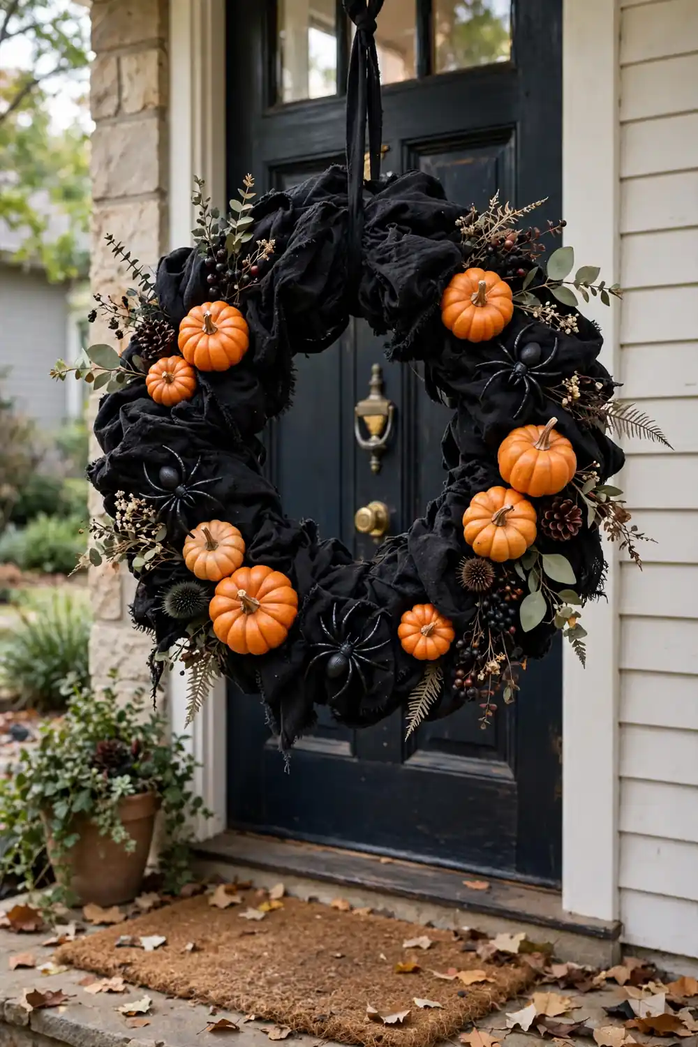 Black fabric wreath with mini pumpkins and spiders hanging on a front door