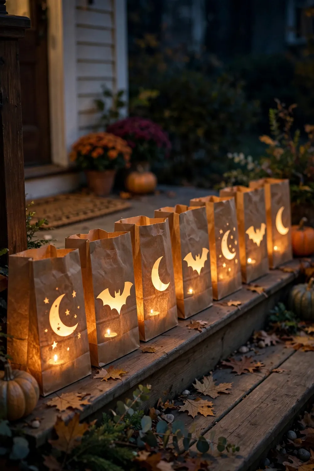 Brown paper bag luminaries with cutout shapes glowing along a front porch at night