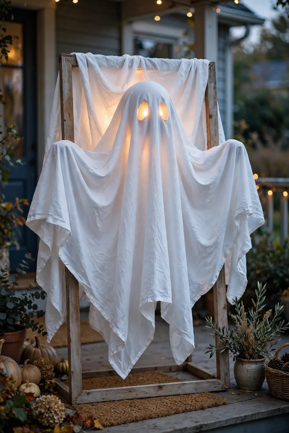 White sheet ghost decoration on a front porch glowing softly at dusk