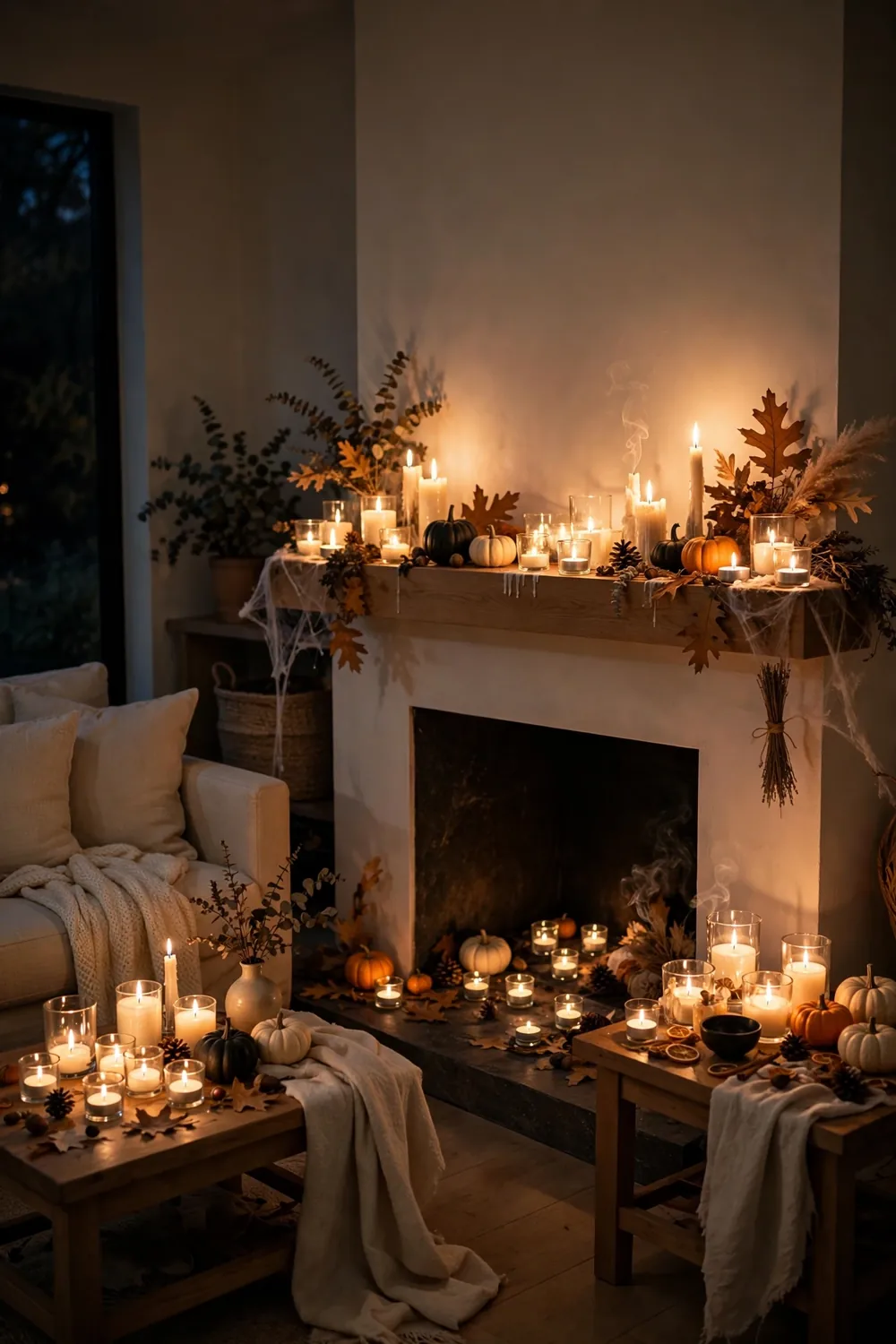 Living room lit only by clustered tea lights and candles on Halloween night
