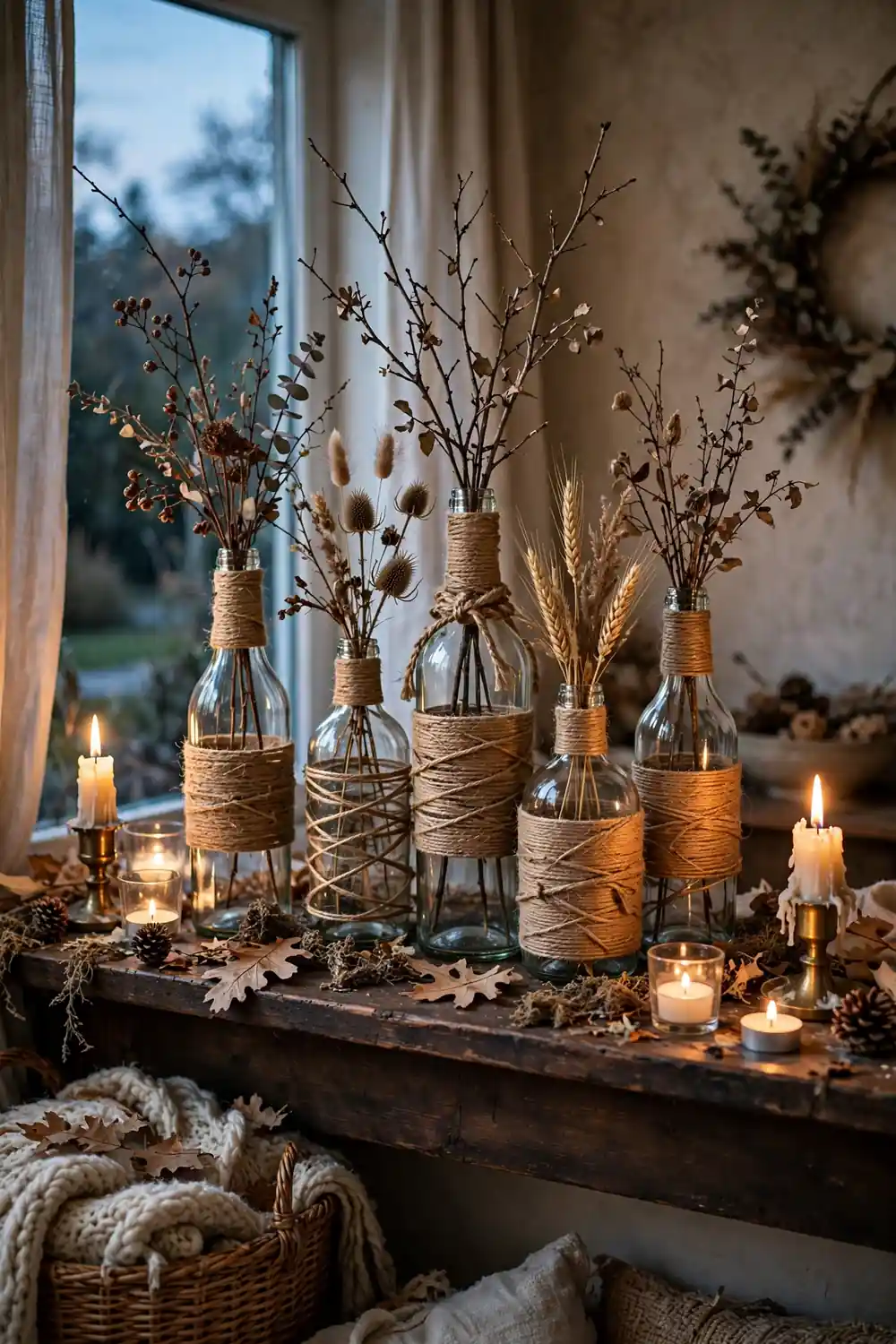 Glass bottles wrapped in twine holding dried branches on a dark mantel