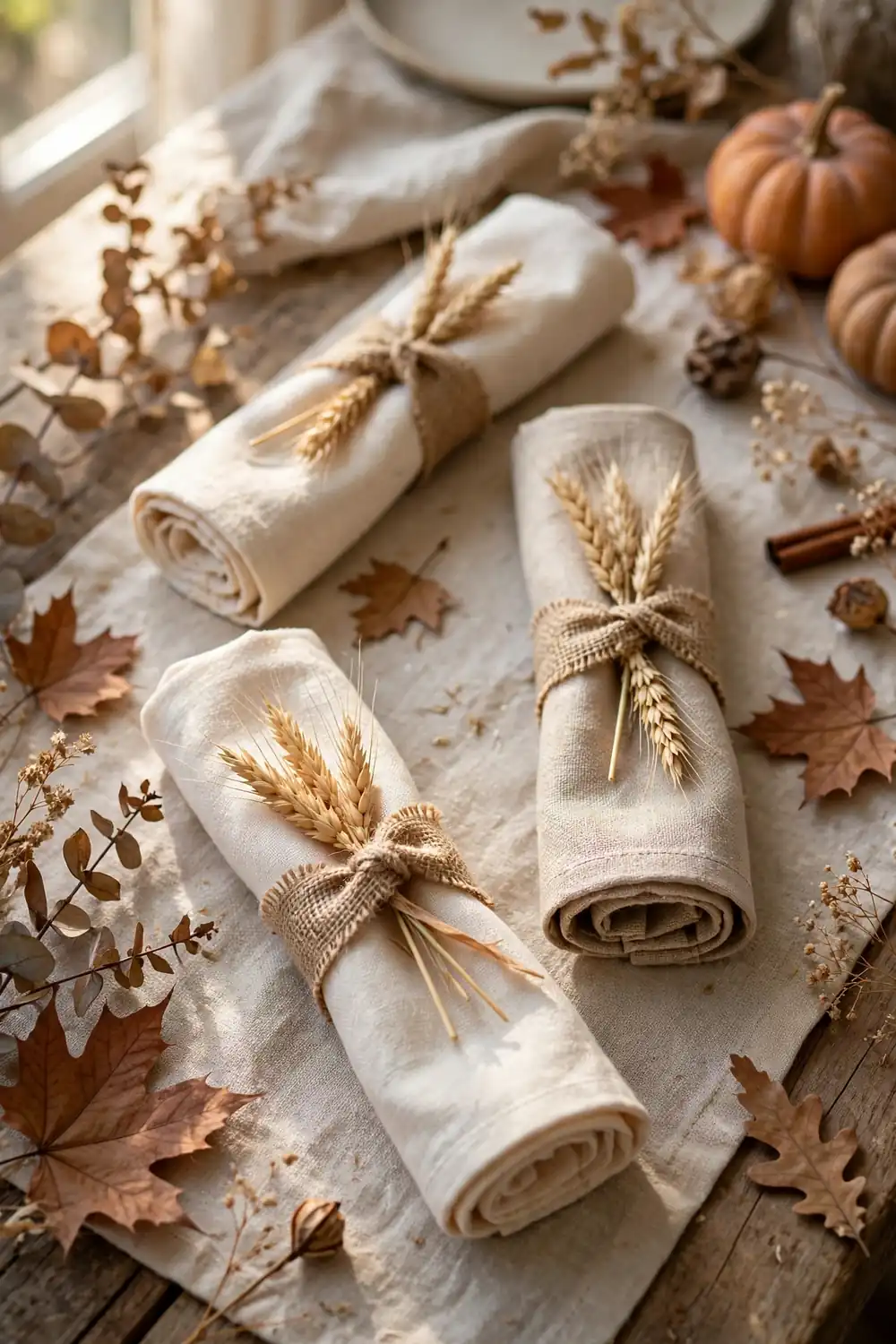 Rolled cloth napkins tied with burlap strips and a sprig of wheat at a table setting