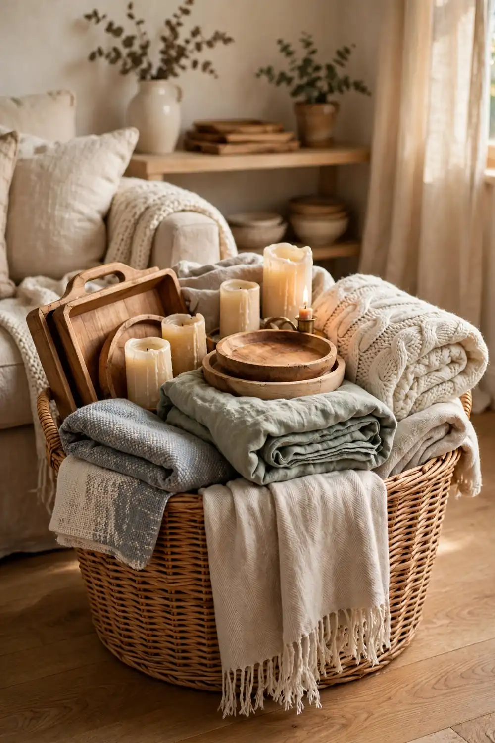 Laundry basket filled with throws, trays, and candles being gathered from around the house