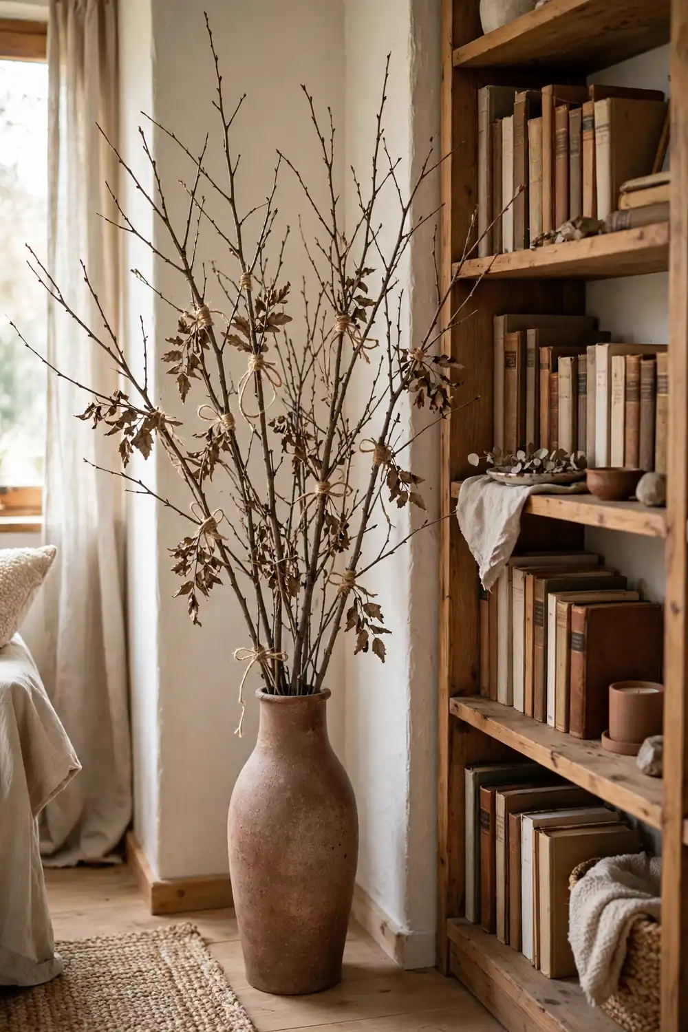 Tall vase of foraged bare branches with dried leaves in a living room corner