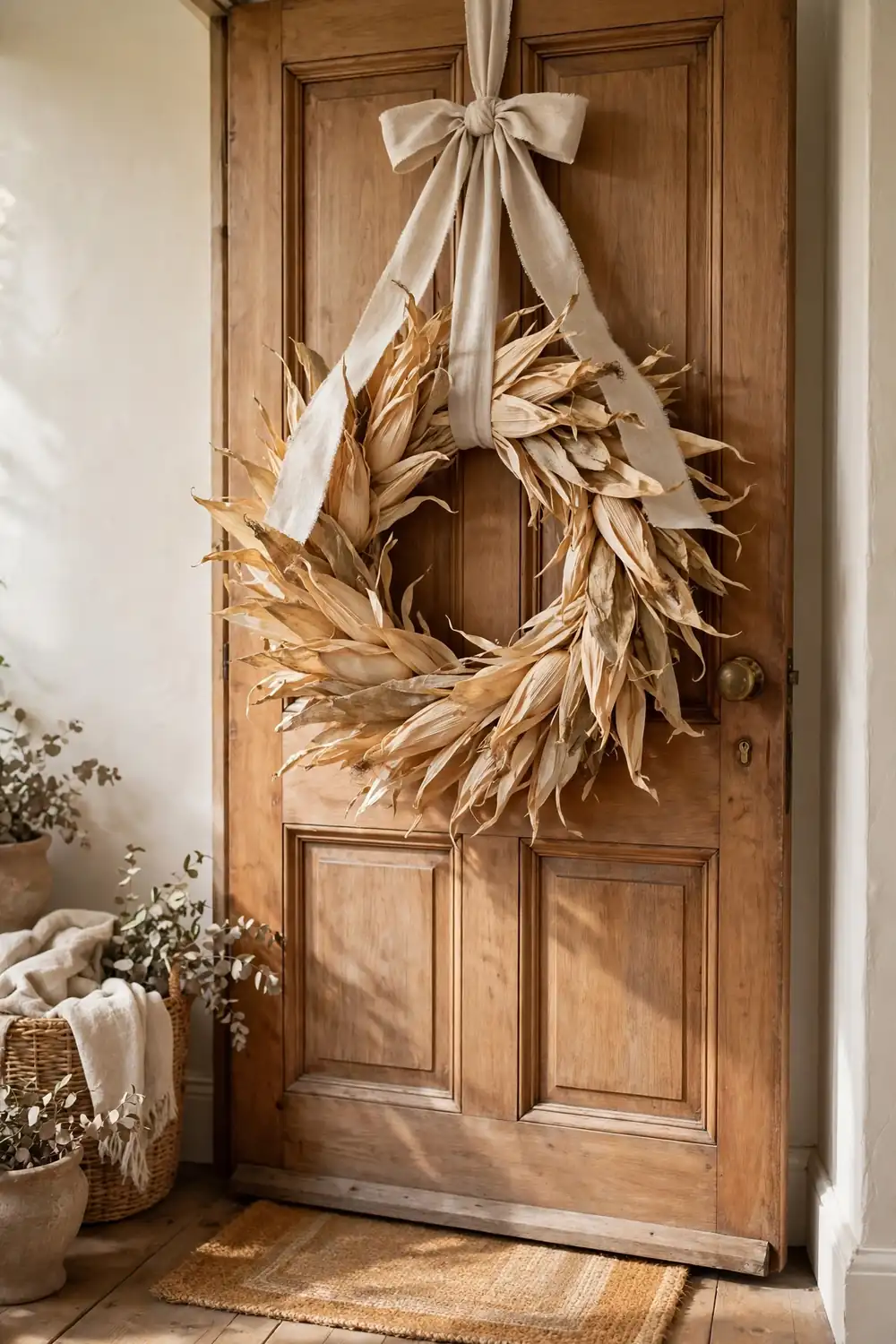 Dried corn husk wreath hanging on a wooden front door with a ribbon