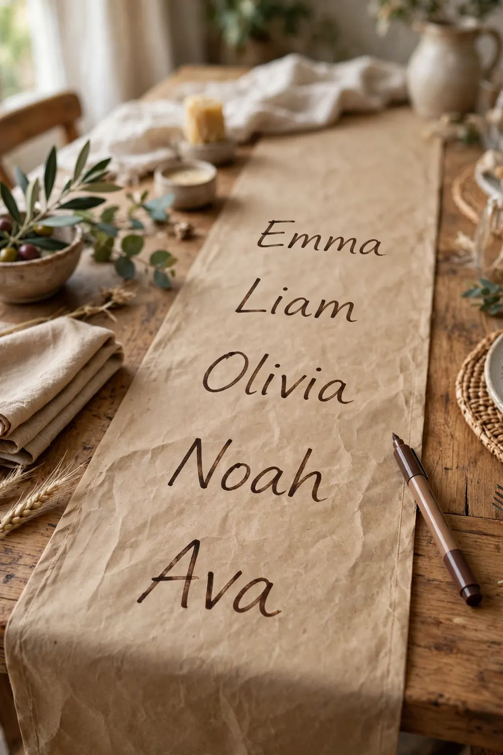 Kraft paper table runner with handwritten guest names and a brown marker