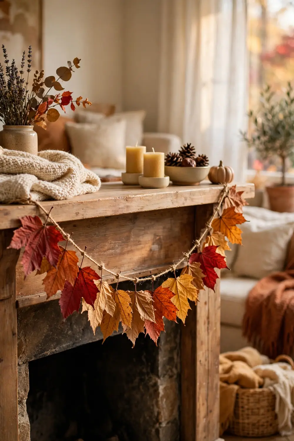 Dried fall leaves threaded on twine hanging as a garland across a mantel