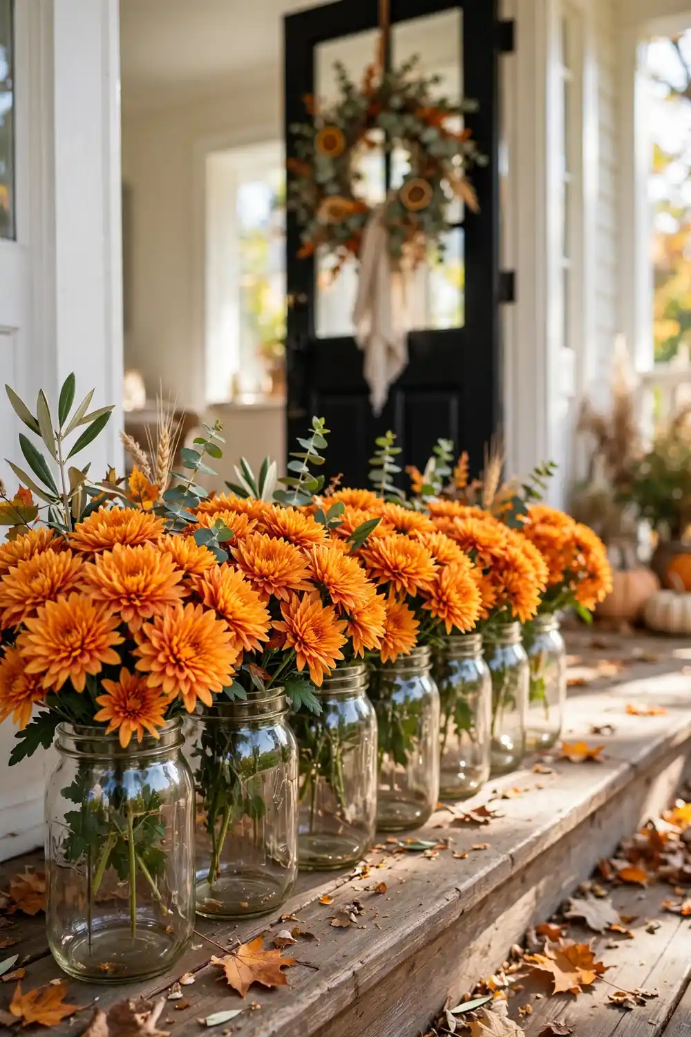 Orange grocery store mums dropped into mason jars lined along a porch