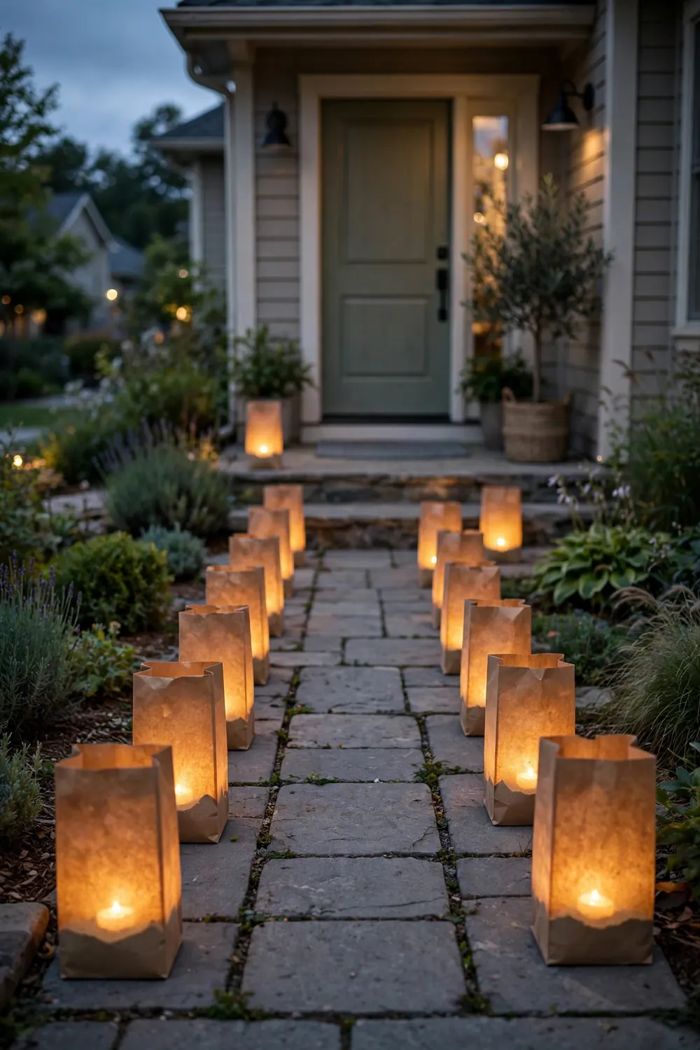 Brown paper bag luminaries glowing along a front walkway at dusk