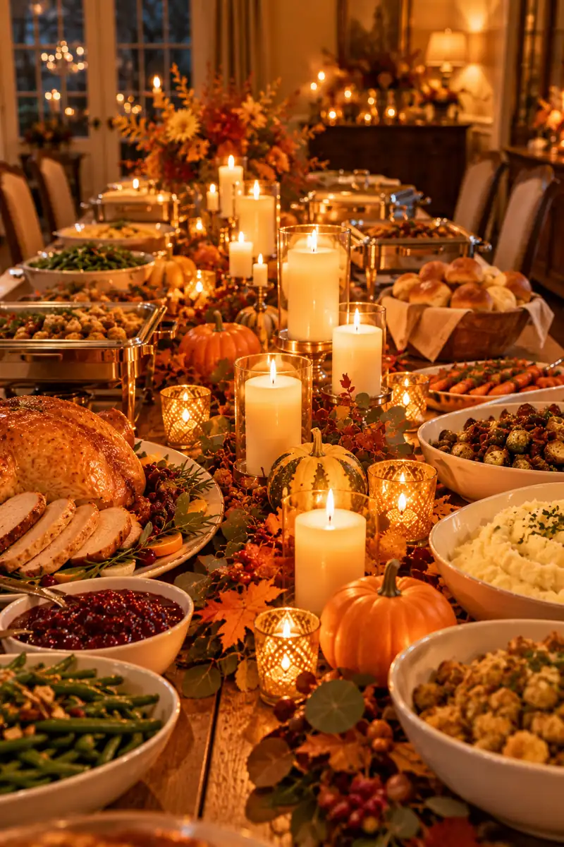 Thanksgiving Buffet Table With Candlelight Center Candlelight glowing down the center of a buffet