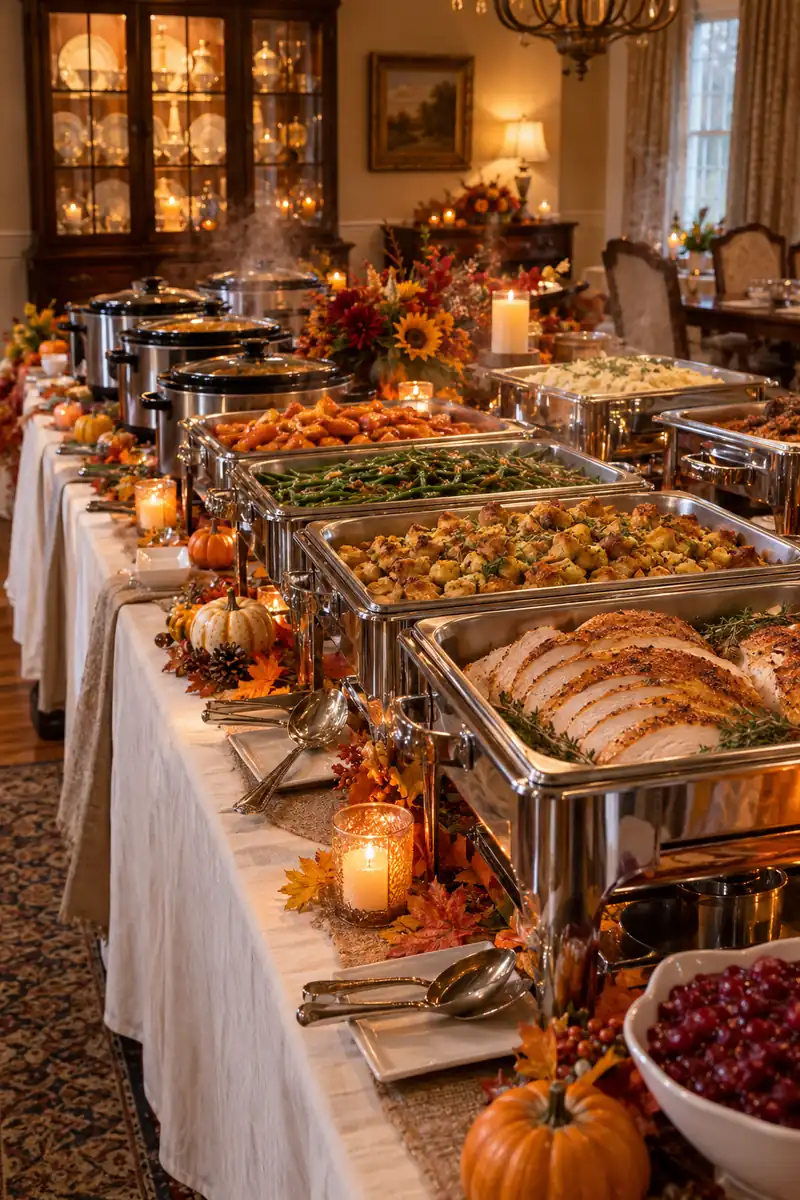 Thanksgiving Buffet Table With Hot Food Warmers Chafing dishes keeping food hot on a buffet