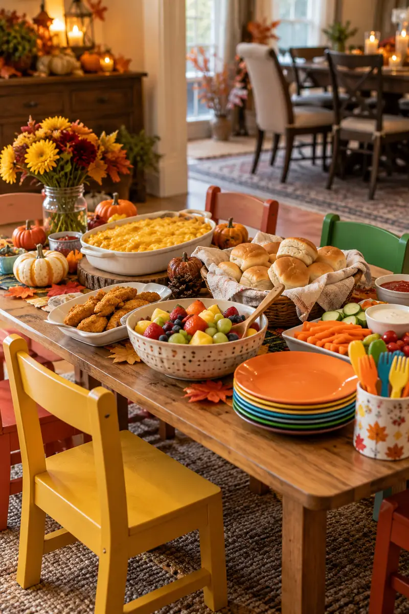 Thanksgiving Buffet Table With Kid-Friendly Section Kid-friendly section of a Thanksgiving buffet