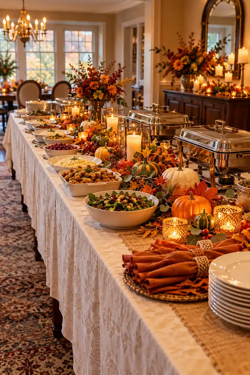Thanksgiving Buffet Table Setup on a Long Table Long Thanksgiving buffet table setup