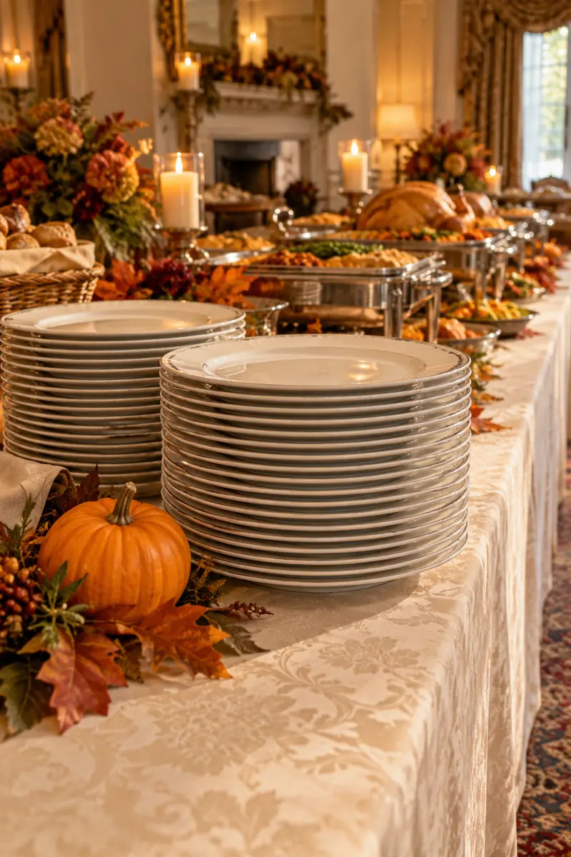 Thanksgiving Buffet Table With Plates at the Start Plates stacked at the start of a buffet line