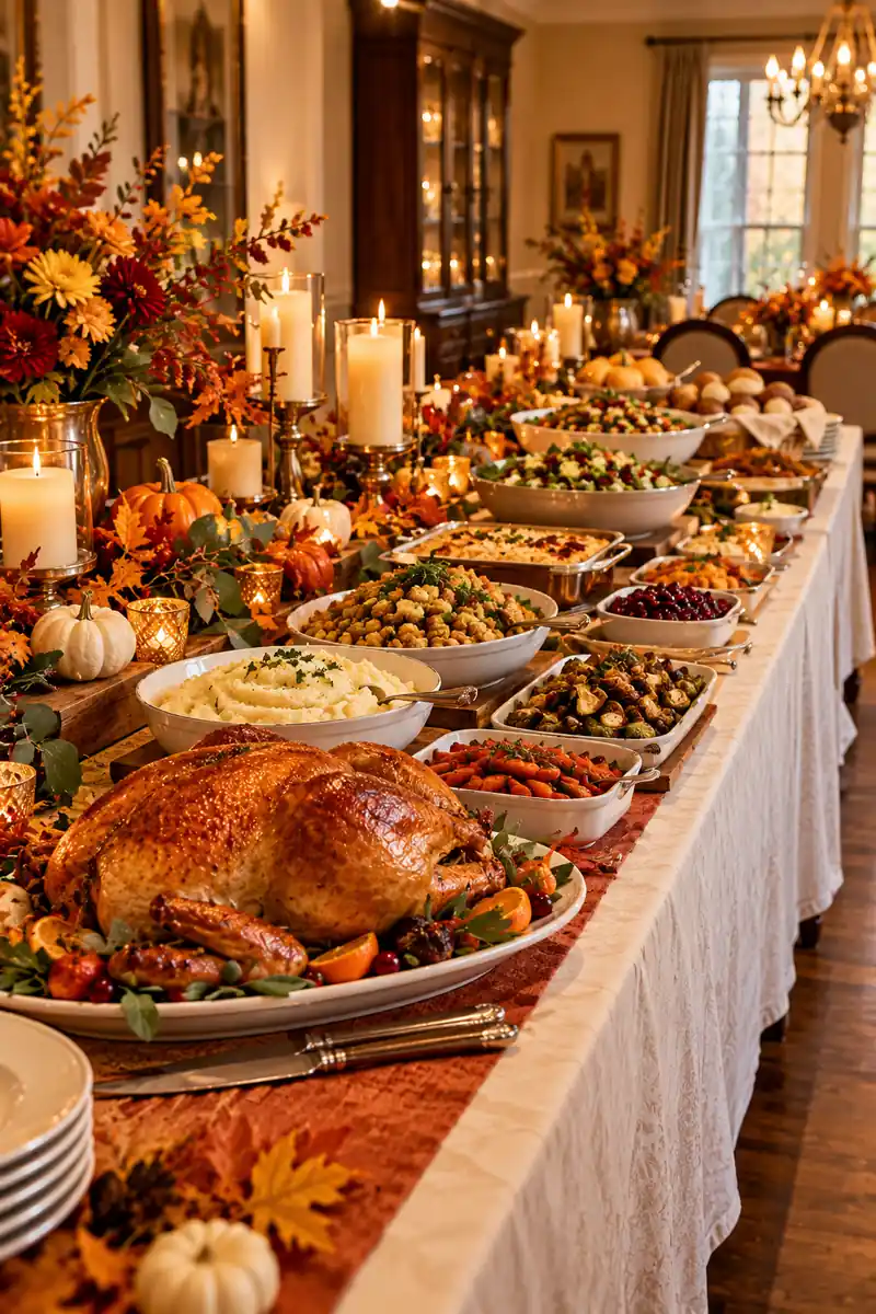 Thanksgiving Buffet Table Arranged in Serving Order Dishes arranged in serving order on a buffet