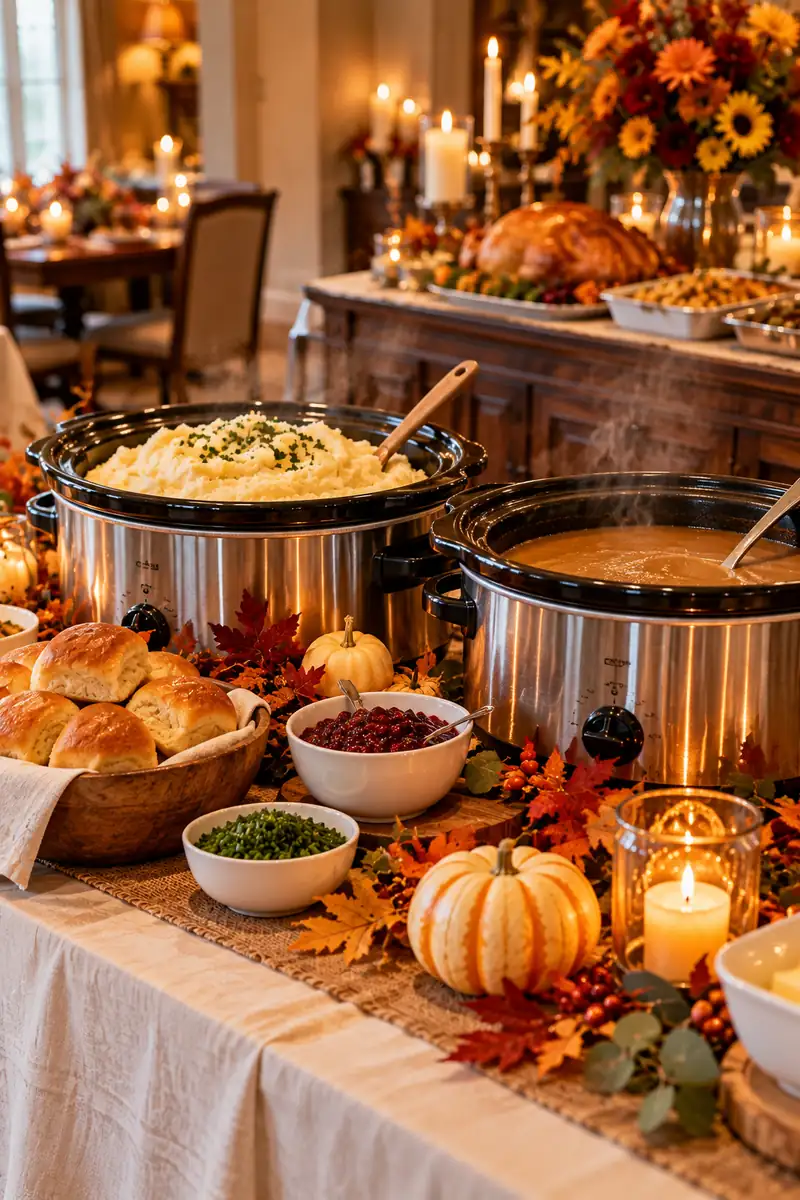 Thanksgiving Buffet Table Slow Cooker Station Slow cookers lined up at a buffet station