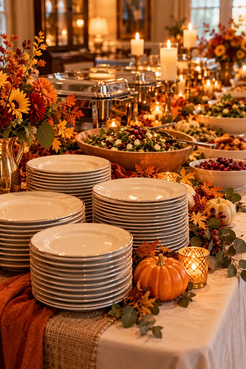 Thanksgiving Buffet Table With Smaller Plates Smaller plates on a Thanksgiving buffet