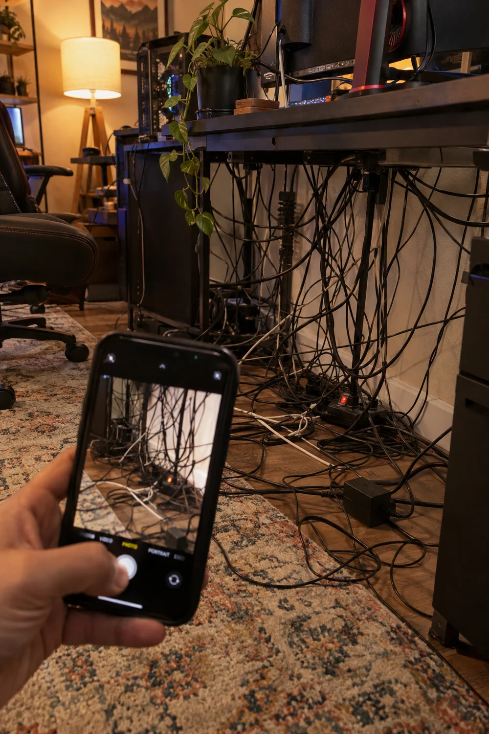 Tangled gaming setup cables photographed before organizing