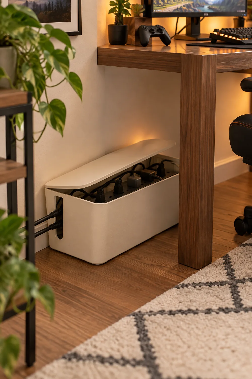 Cream cable management box hiding cords behind a desk