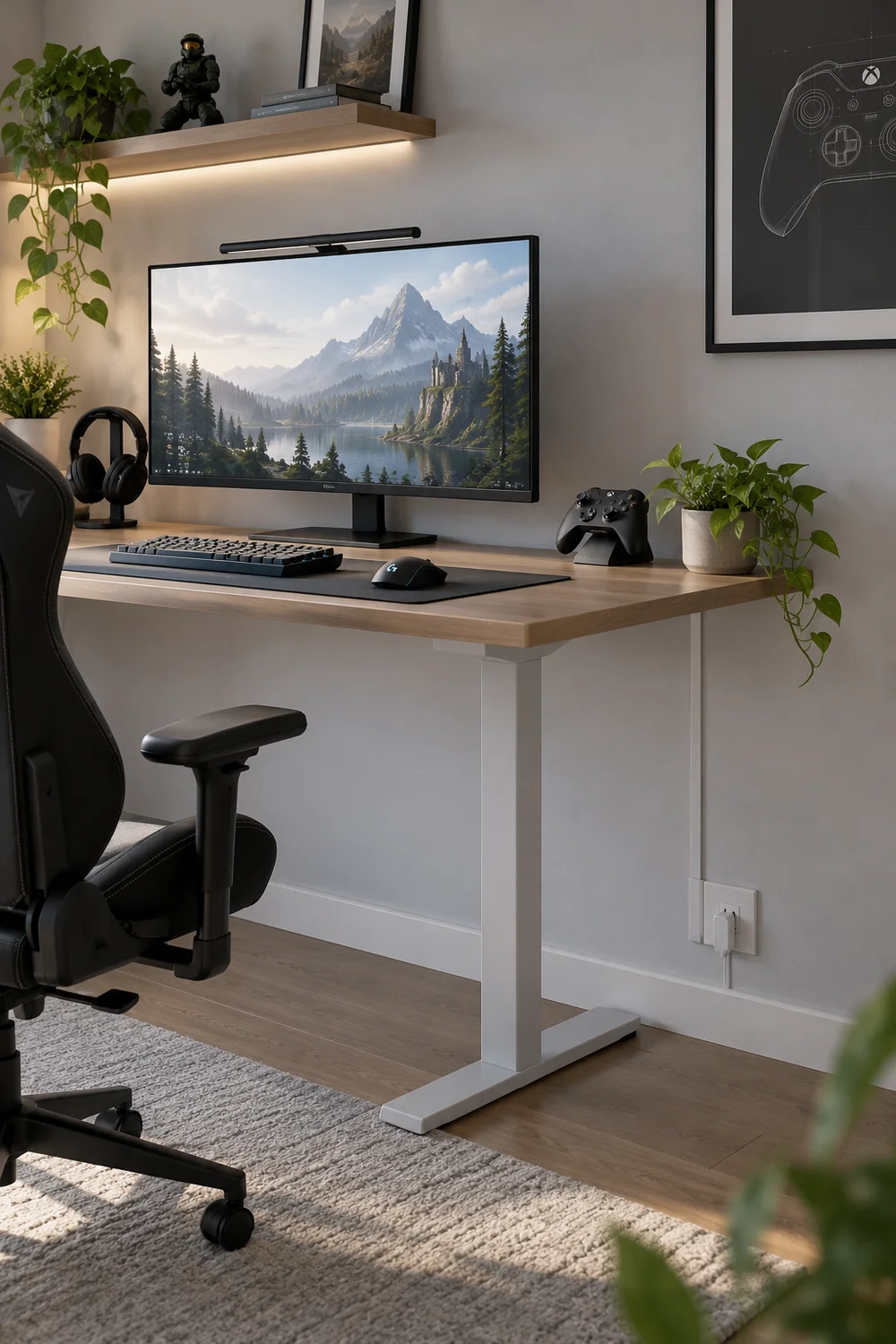 Slim cable raceway painted to match the wall behind a desk
