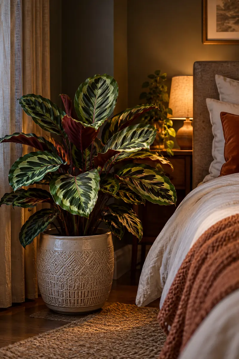 Calathea plant with patterned leaves in a dark bedroom corner