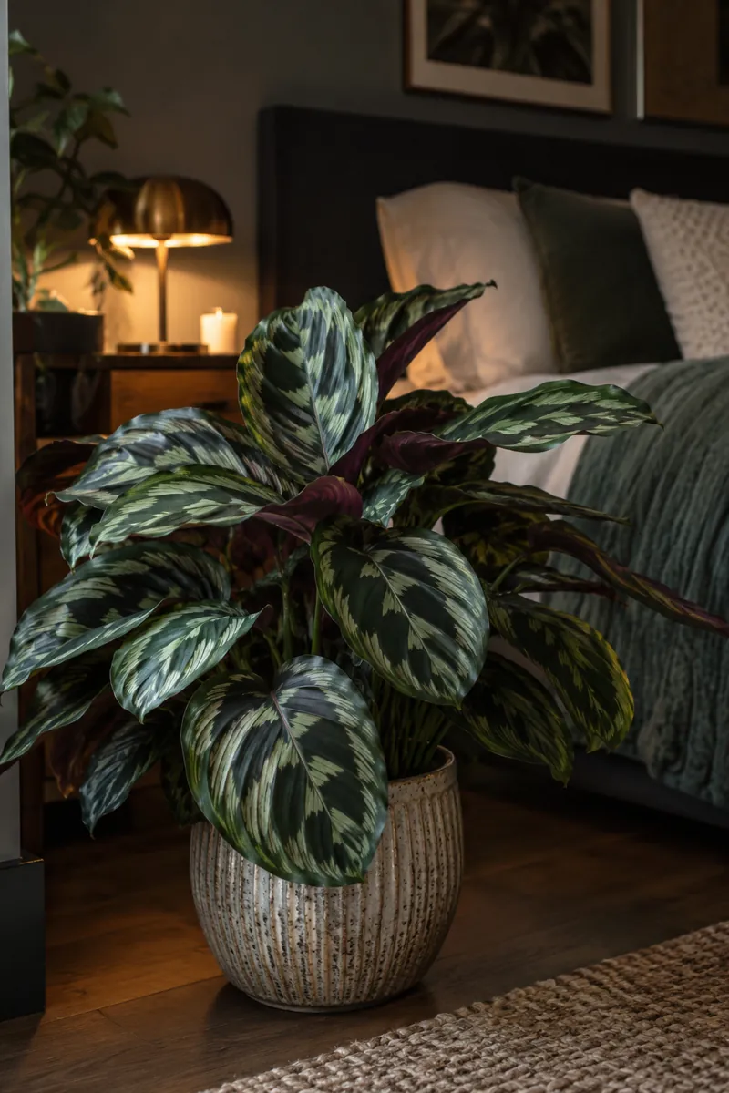 Calathea with patterned leaves thriving in bedroom shade